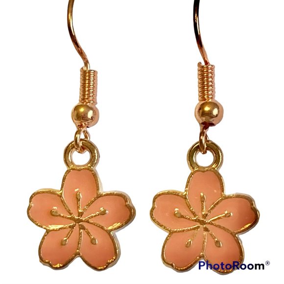 Hibiscus Flower Earrings Rose Gold Plated Enamel Peach Pink Dangle Dainty Island - Picture 1 of 12